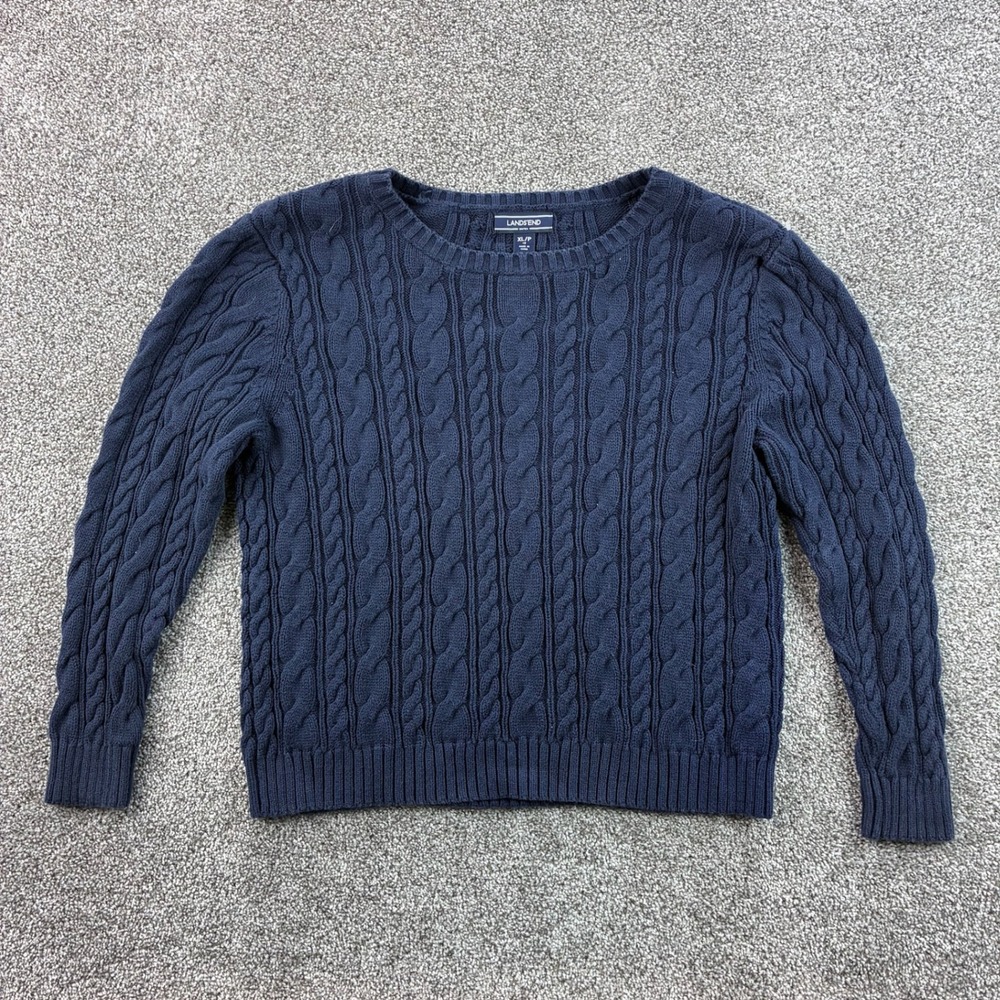 Lands End Drifter Sweater Women's XL P Navy Blue Fisherman Cable Knit Crew Neck